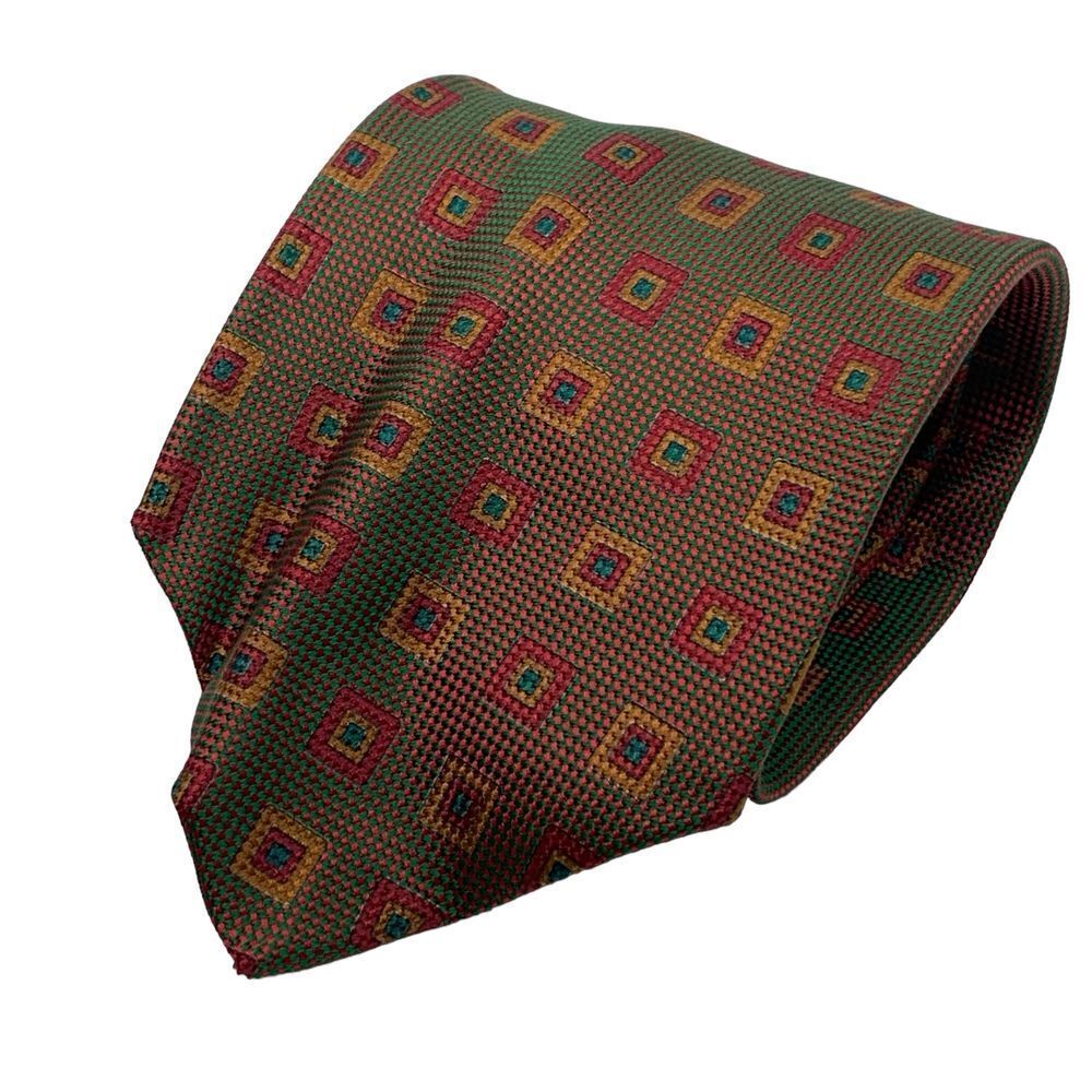 Ermenegildo‎ Zegna Men's Silk Tie Red Green Geometric Shimmer Effect Necktie